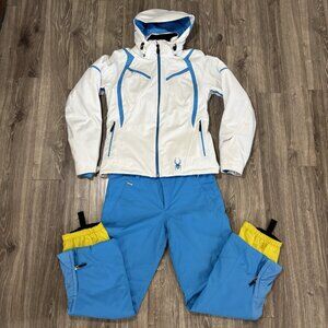Spyder Womens Ski Jacket & Pants Set 10 White Blue Waterproof Insulated SnowSuit